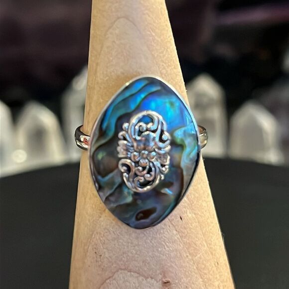 Abalone Shell Solitaire Ring in Sterling Silver and Detail Sz 9 - Picture 7 of 13